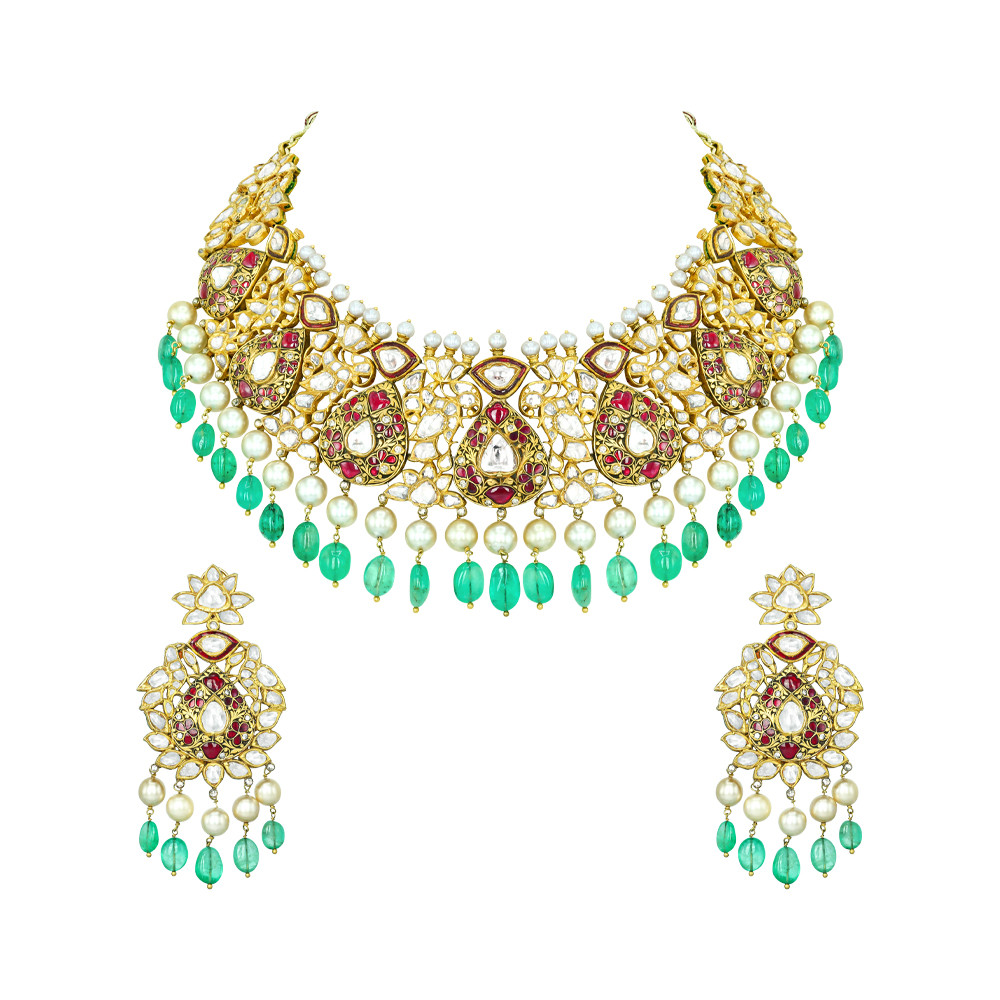 Polki Necklace Set with Red Stones, Emerald Beads, and Pearls
